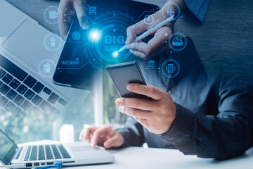 Hands holding credit card and using laptop. Online shopping