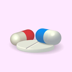 A set of vector tablets, painkillers, antibiotics, vitamins, aspirin.
 3D image. 