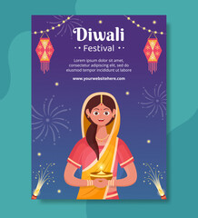 Indian Celebrating Diwali Day Poster Template Hand Drawn Cartoon Flat Illustration