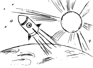 A rocket flying in space and a big sun