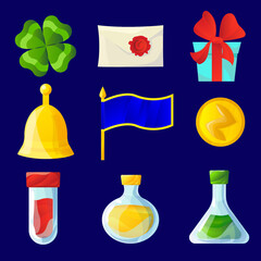 WebSet of icons for game interface. Clover leaf, letter, gift box, bell, flag, coin, various transparent vessels with liquids. Flat vector elements for mobile arcade and casual games