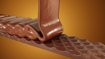Close up Beauty Folding Liquid Chocolate on chocolate bar. 3D Rendering. Selective Focus.