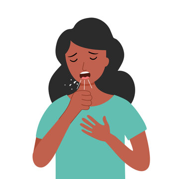 Black woman coughing concept vector illustration. Sick person, ill and cold, flu and virus, influenza in flat design. Female sneeze and cough.