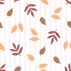 Fototapeta premium Simple floral vector seamless pattern in pastel colors. Dry autumn leaves, light pink stripes on a white background. Fall season. For fabric prints, packaging, school stationery.
