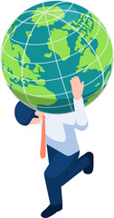 Isometric businessman carrying the world or earth globe on his shoulder