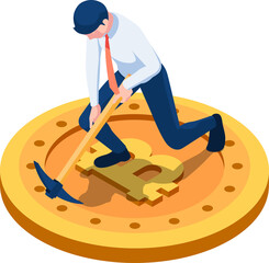 Isometric Businessman Use Pickaxe Digging on Bitcoin