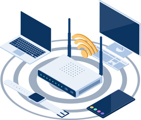Isometric electronic devices connected to a Wi–Fi router - obrazy, fototapety, plakaty