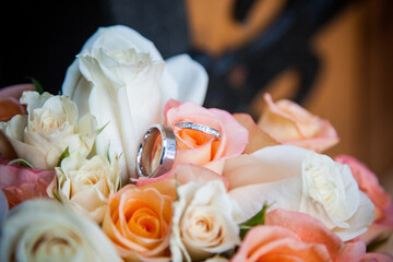 ceremony, reception, wedding,  flowers, white flowers, coral flowers, baby's breath, marriage, decoration, roses, peach, pink, coral, 