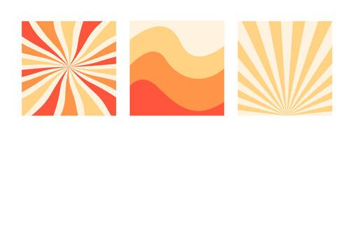 Set of wavy and sun rays backgrounds in warm retro autumn colors. Groovy hippie backdrop. Retro 60s 70s psychedelic wavy design. Vector collection of wallpaper templates.