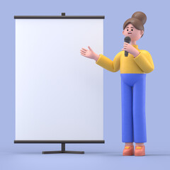 3D illustration of smiling woman Angela with Blank Board as Presentation of Information, Instruction or Advertisement,Product Flip-Chart Mockup.
