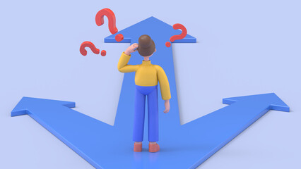 3D illustration of smiling woman Angela looking at multiple road sign with question mark and thinking which way to go.
