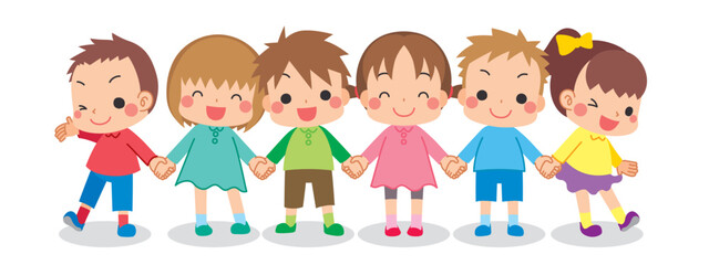 友達と仲良く手を繋いでいる可愛い小さな子供たちのイラスト　白背景　クリップアート　ベクター