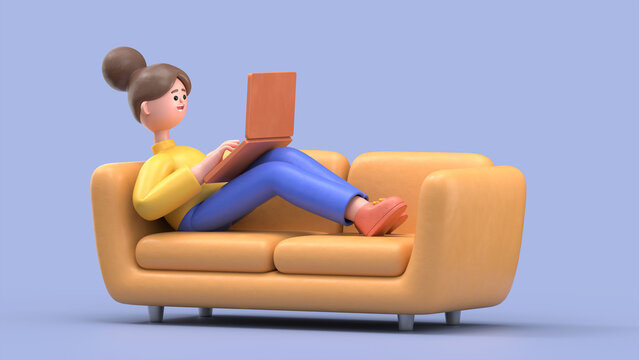 3D Illustration Of Smiling Woman Angela Lying On The Orange Couch At Blue Studio And Work On Laptop. Work At Home Concept. 
