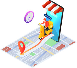 Isometric web banner delivery man ride motorcycle with online order food and home delivering service