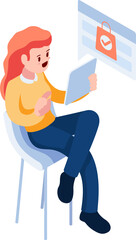 Isometric Young Woman on Stool Chair Shopping Online with Digital Tablet