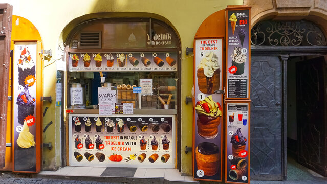 Prague, Czech Republic - May 11, 2022: The traditional Czech street food - trdelnik