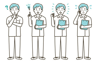 看護師男性の表情バリエーションのイラストセット②（水色バージョン）