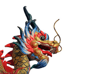 Close-up on the head of a decorative dragon sculpture at a Chinese temple in southeast Asia. PNG transparent background.