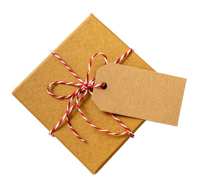 Christmas gift box empty card. Red white twisted string on brown present isolated on transparent background. PNG