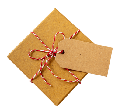Christmas gift box empty card. Red white twisted string on brown present isolated on transparent background. PNG - Powered by Adobe