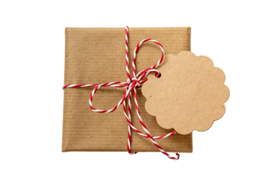 Christmas gift box empty card. Red white twisted string on brown present