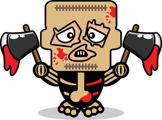 cute leatherface bone mascot character cartoon vector illustration holding bloody ax