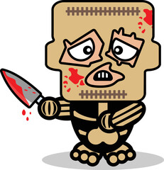 cute leatherface bone mascot character cartoon vector illustration holding bloody knife