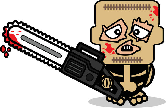 cute leatherface bone mascot character cartoon vector illustration holding bloody saw machine
