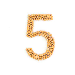 Number 5 made from chickpea beans. Dry chick pea font. Alphabet made from gram . White background