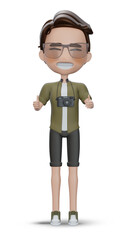  3d render  tourist  cartoon character  dance  cute boy shows fingers up