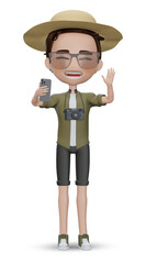 3d render tourist  with phone , Young man holding smart phone 3d cartoon character