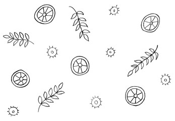 On a white background , leaves , circles, wheels are black