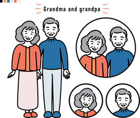 おじいちゃんとおばあちゃんの全身とアイコンのセット_カラー