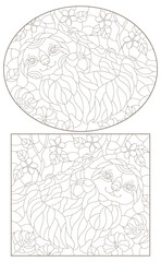 A set of contour illustrations in the style of stained glass with cute sloths on tree branches, dark contours on a white background