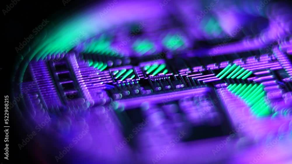 Aufkleber cryptocurrency blockchain concept, abstract macro shot of bitcoin coin with colorful lights above
