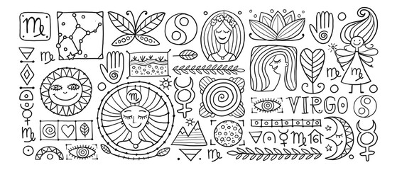 Virgo Zodiac Sign. Background with design elements. Banner, poster, mug print template etc. Vector illustration