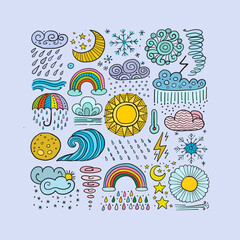 Fototapeta premium Weather collection, meteorology symbols. Art background for your design. Childish style.