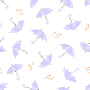 Seamless pattern with umbrellas and notes. Image in a cute flat style on a white background.