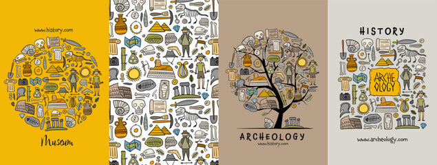 Archelogy, historic concept arts collection. Frame, background, tree. Set for your design project - cards, banners, poster, web, print, social media, promotional materials. Vector illustration
