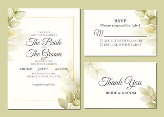 Manual painted of aesthetic leaves watercolor as wedding invitation.
