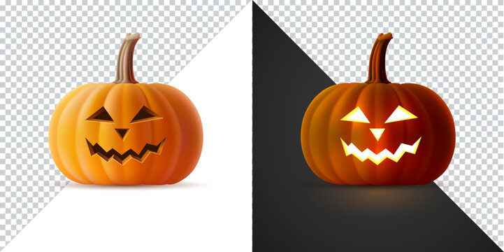 Vector illustration of volumetric Jack-o-lanterns for Halloween. Isolated template of 3D realistic pumpkin with carved smiling face on transparent background. Autumn holiday, All Saints Eve