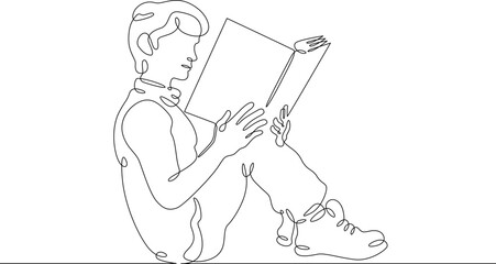 One continuous line.A man is reading a book. Male character with a book. Dreamer reading. Education and knowledge. One continuous line is drawn on a white background.
