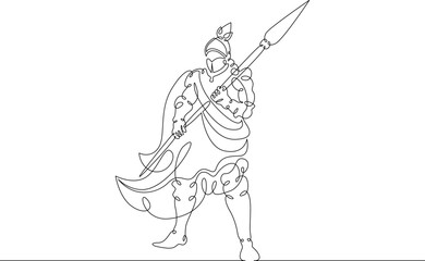 One continuous line.Medieval knight. Fantasy hero in heavy armor. Warrior in combat attire.One continuous line is drawn on a white background.