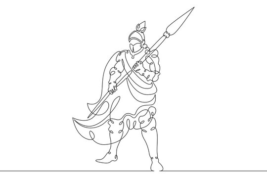 One continuous line.Medieval knight. Fantasy hero in heavy armor. Warrior in combat attire.One continuous line is drawn on a white background.