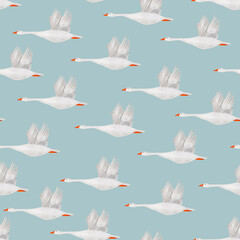 Flying geese in the sky watercolor seamless pattern. Template for decorating designs and illustrations.