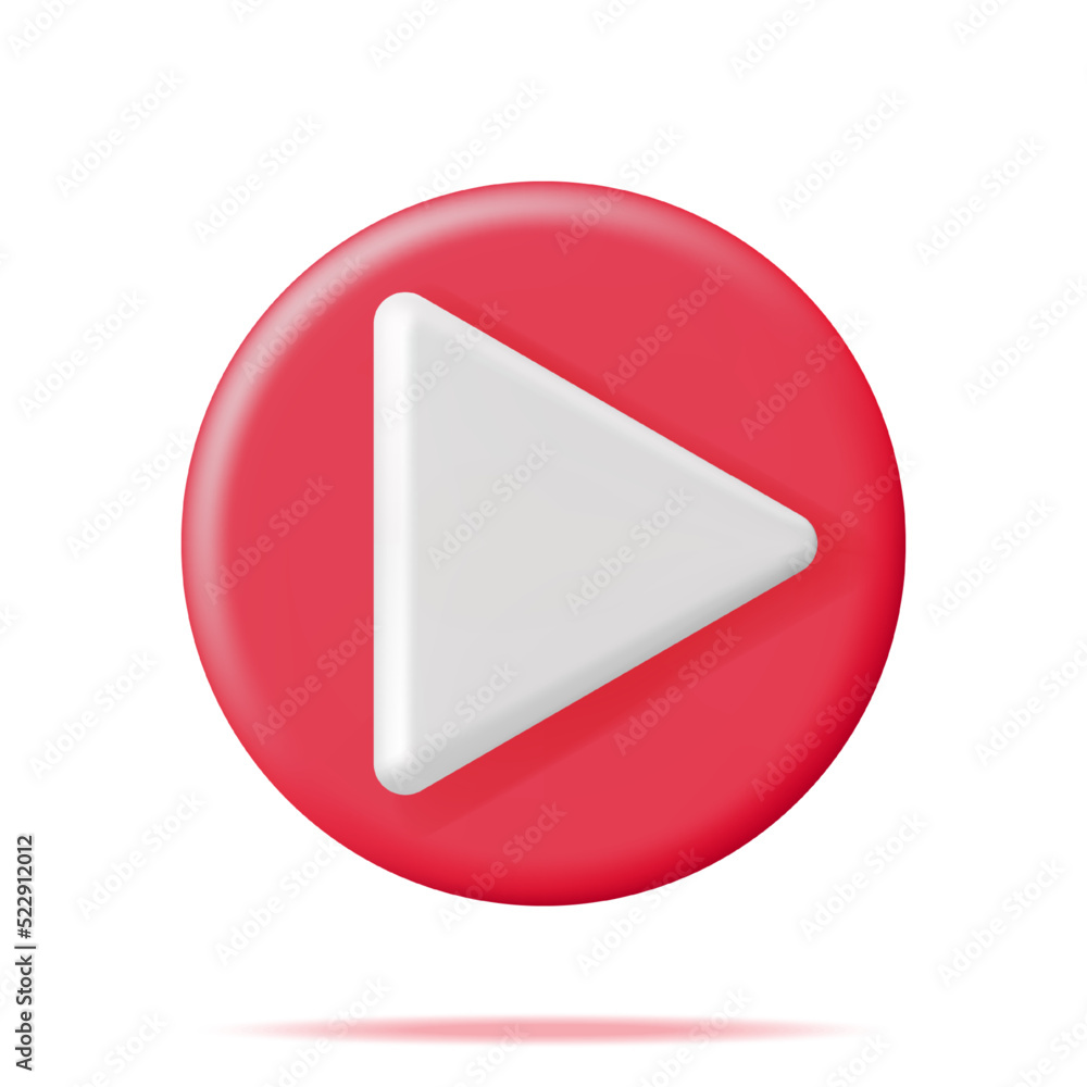 Poster 3d play button isolated on white. render red circle with white triangle inside. simple icon of web p
