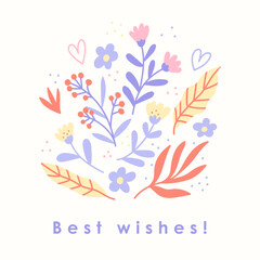 Fototapeta na wymiar Trendy square floral greeting card template. Hand drawn flower flat vector illustration. Suitable for social media posts, mobile apps, banners design and web internet ads. Vector fashion backgrounds.