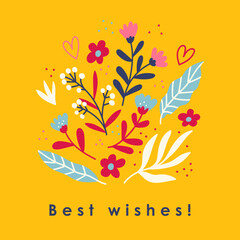 Trendy square floral greeting card template. Hand drawn flower flat vector illustration. Suitable for social media posts, mobile apps, banners design and web internet ads. Vector fashion backgrounds.