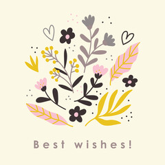Trendy square floral greeting card template. Hand drawn flower flat vector illustration. Suitable for social media posts, mobile apps, banners design and web internet ads. Vector fashion backgrounds.