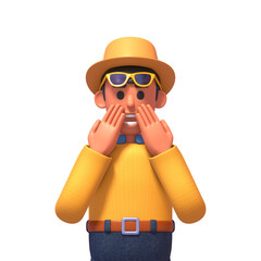 3d render of tourist covering his mouth in shock, disbelief